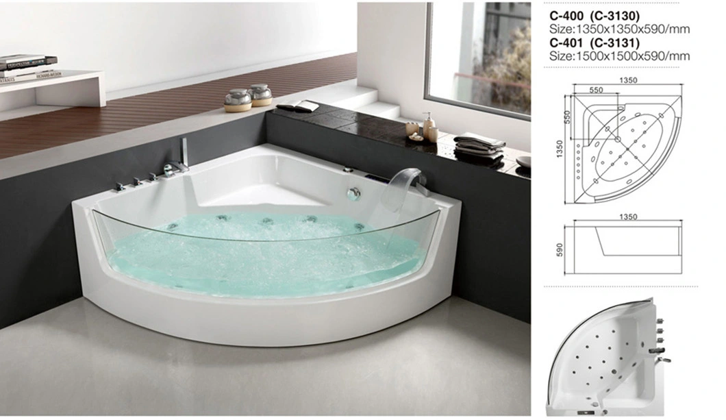 Bathroom Tub Black Acrylic Massage Bathtub Price with Jacuzzi and Tempered Glass